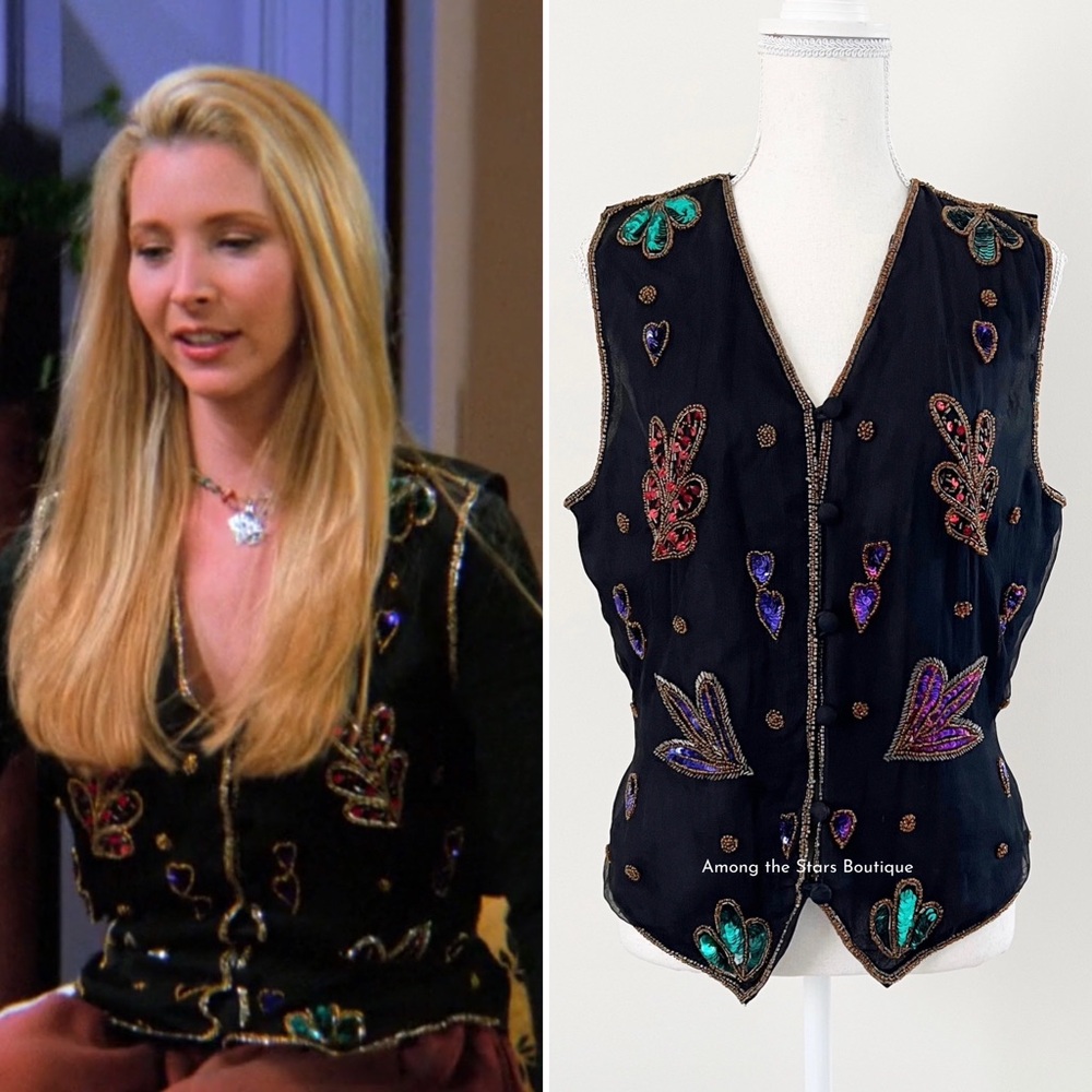 Rare 90s Vintage Embellished Sequin & Beaded Silk Vest ASO Phoebe in Friends - Picture 4 of 14